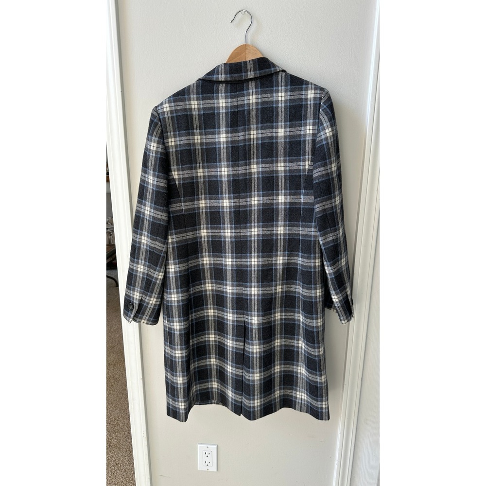 Kasper 100% Wool Plaid Longline Coat Navy Grey Size 12 Button Front Jacket - Picture 2 of 4